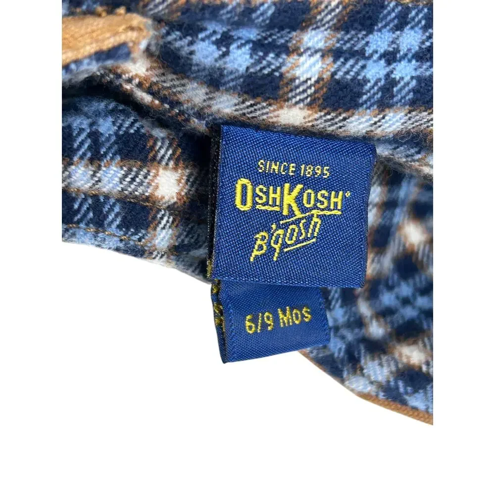 Oshkosh B'Gosh Khaki Denim Blue Plaid Flece Lined Coverall Overalls 6/9 Months